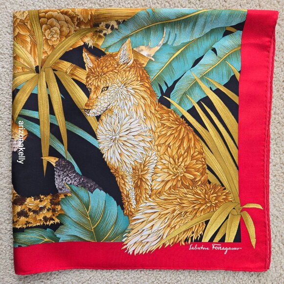 Salvatore Ferragamo Silk Scarf Big Cats Lion Tiger Fox Bird Leopard Floral - Picture 3 of 14